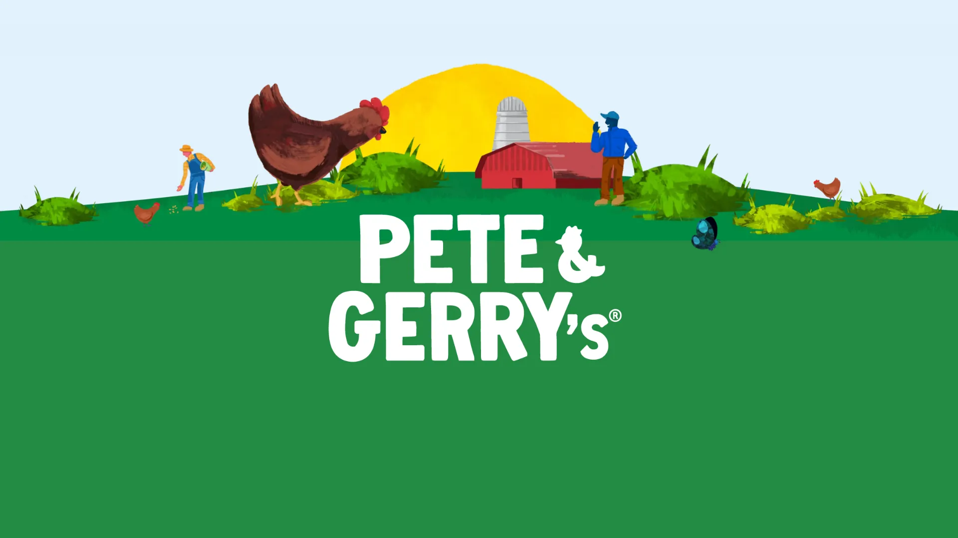 Pete and Gerry's brand illustration: a hen on a green hill with a red barn and farmers.